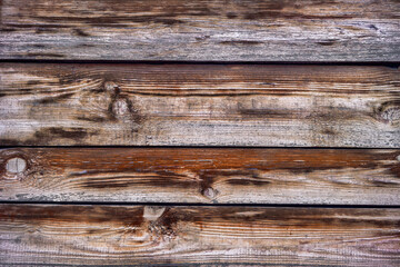 Fototapeta premium A wooden wall with an aged surface. Vintage wall and floor made of darkened wood, realistic plank texture. Empty room interior background. 