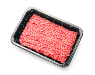 Container with fresh forcemeat on white background
