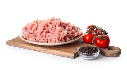 Plate with fresh forcemeat and ingredients on white background