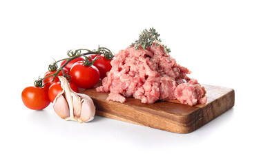 Wooden board with fresh forcemeat and ingredients on white background