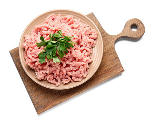 Plate with fresh forcemeat on white background