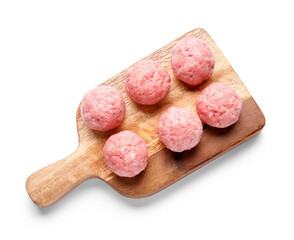Wooden board with raw cutlets made of fresh forcemeat on white background