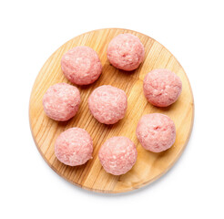 Wooden board with raw cutlets made of fresh forcemeat on white background