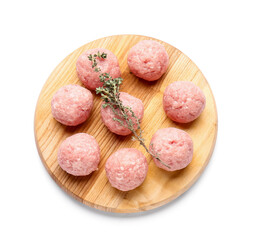 Wooden board with raw cutlets made of fresh forcemeat on white background