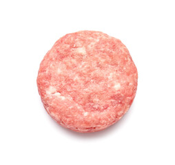 Raw cutlet made of fresh forcemeat on white background