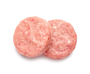 Raw cutlets made of fresh forcemeat on white background