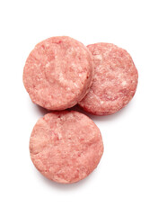 Raw cutlets made of fresh forcemeat on white background