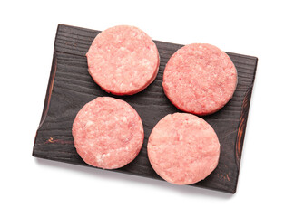 Wooden board with raw cutlets made of fresh forcemeat on white background