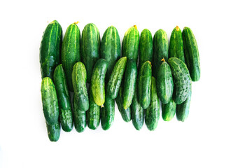 Background of green fresh cucumbers. Cucumbers lie exactly in a row on a white background.