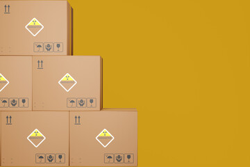 Dangerous goods, cardboard boxes labeled Radioactive on a yellow-brown background. 3d rendering