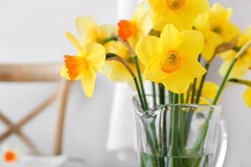 Vase with beautiful daffodils in bathroom, closeup