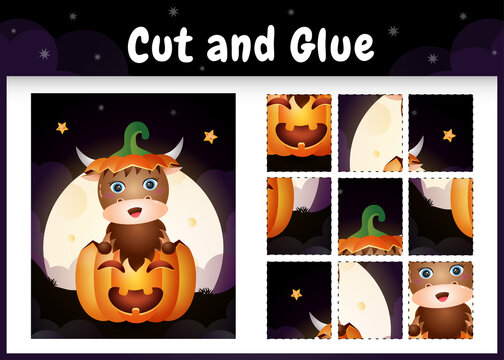 Children board game cut and glue with a cute buffalo in the halloween pumpkin