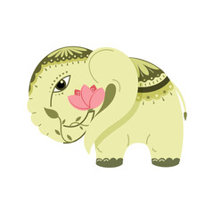 Indian elephant with a lotus flower. Vector illustration, isolated, on a white background.