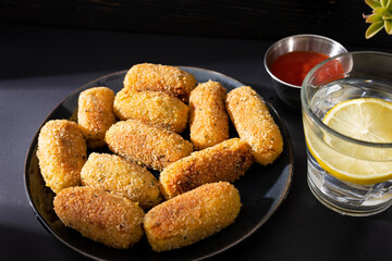 Typical croquettes of Spanish cuisine. Traditional tapas of Spanish cuisine. Tapas plate with...