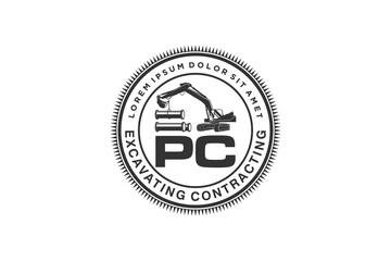 Excavator logo plumbing pipe industrial, vintage style logo.