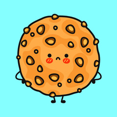 Cute sad oatmeal cookies character. Vector hand drawn cartoon kawaii character illustration icon. Isolated on blue background. Oatmeal cookies character concept