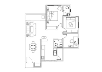 2D CAD house layout plan drawing with a double bedroom complete with bathrooms, balcony, furniture, kitchen and living room. Drawing produced in black and white. 
