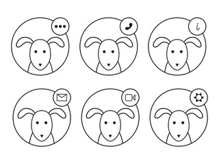 A set of icons for web application users. Menu buttons, icons for communication. Vector avatars of the interface. The dog is on the profile.