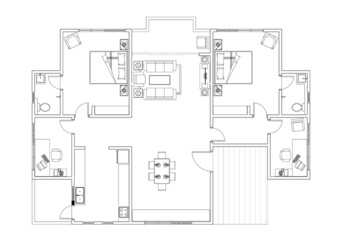 2D CAD house layout plan drawing with a double bedroom complete with bathrooms, balcony, furniture, kitchen and living room. Drawing produced in black and white. 
