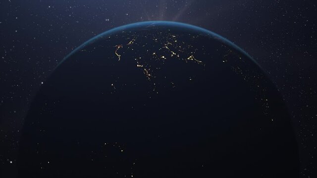 Realistic sunrise over world horizon seen from space. Rotating animation of planet Earth and rising sun in behind. Changing from night to day. 