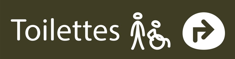 affiche pour indiquer ou sont les toilettes publiques en blanc représenté par un homme et une personne handicapée et une flèche pour indiquer la direction en blanc sur un fond gris vert