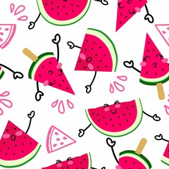 A pattern with cheerful watermelons on a white background. National Watermelon Day. Use for a postcard, background, application on a fabric or souvenir products.