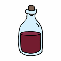 Hand drawn icon of wine, poison or miraculous drink. Doodle sticker alchemical potion in flask. Color vector illustration