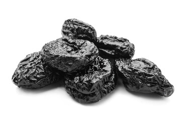 Tasty prunes on white background