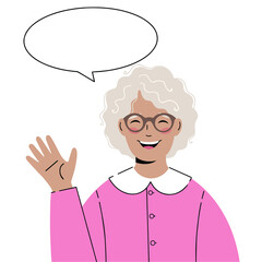 Illustration Old lady with a greeting gesture. Elderly woman  says hello!	