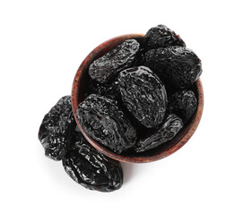 Bowl with tasty prunes on white background