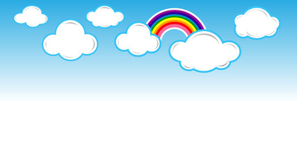 Blue background with paper clouds and rainbow