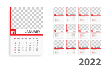 Red annual desk monthly calendar template for 2022 year. Vector schedule daily planner 2022 year. Modern english simple calendar with date.