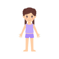 Cute Beautiful Little Girl is Standing and Smiling Funny. Child with Pigtails in Shorts and a T-shirt, in Underwear. Happy Preschooler in a Swimsuit. Flat Cartoon Color Style. White background. Vector