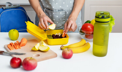 Young woman making school healthy lunch in the morning.