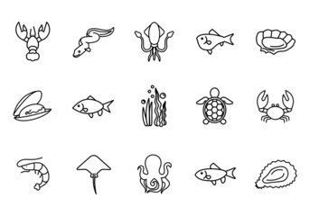 Set of seafood icons.  Fish flat pictogram for web. Line stroke. Shrimp, oyster, shellfish isolated on white background. Outline vector eps10