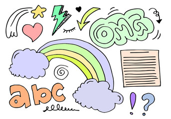 hand-drawn colorful doodle set on white background.