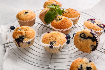 Grid with tasty blueberry muffins on light background, closeup