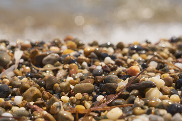 Pebble beach on the coast of Crete on the Aegean Sea.