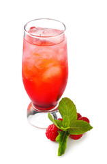 Glass with tasty raspberry lemonade on white background