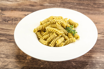 Italian pasta Fusilli with pesto