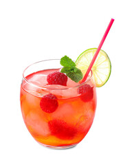 Glass with tasty raspberry lemonade on white background