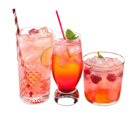 Glasses with tasty raspberry lemonade on white background