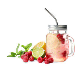 Mason jar with tasty raspberry lemonade on white background