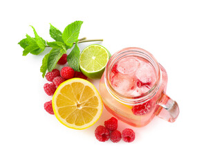 Mason jar with tasty raspberry lemonade on white background