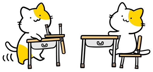 学校の椅子と机に関するねこのイラスト