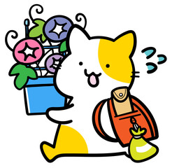 夏休み前の終業式に大量の荷物を抱えて下校するねこのイラスト