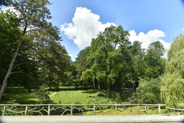 Fototapeta na wymiar Rambarde rustique en rocaille d'un pont au parc des Etangs des Enfants Noyés en forêt de Soignes à Watermael-Boitsfort 
