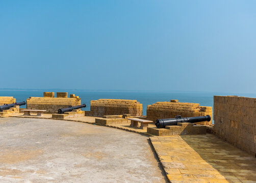 Old, Historical guns guarding  Diu Fort in Diu, India