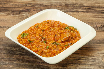 Traditional Georgian Kharcho soup with meat