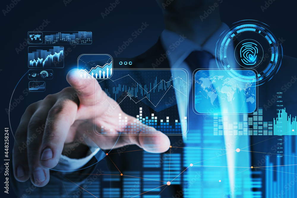 Poster businessman hand touching virtual digital screen with blue glowing hologram with digital information